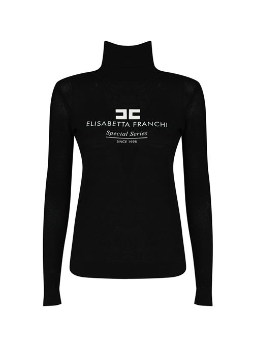 Dolcevita in maglia di viscosa punto rete nero con intarsio logo Elisabetta Franchi | MK8246E2110